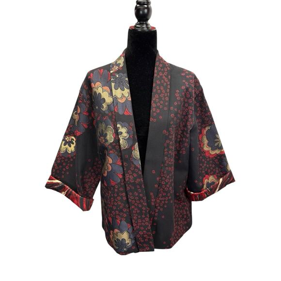 Chico’s Black Red Boho Floral Kimono Jacket Open Front Size 3 (L/XL) Cotton - Picture 1 of 7